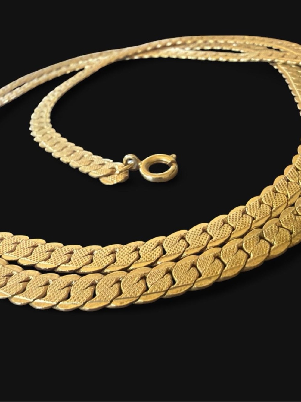1980s Vintage Gold Tone Flat Herringbone Necklace, Stamped Korea, 30 Inch Long